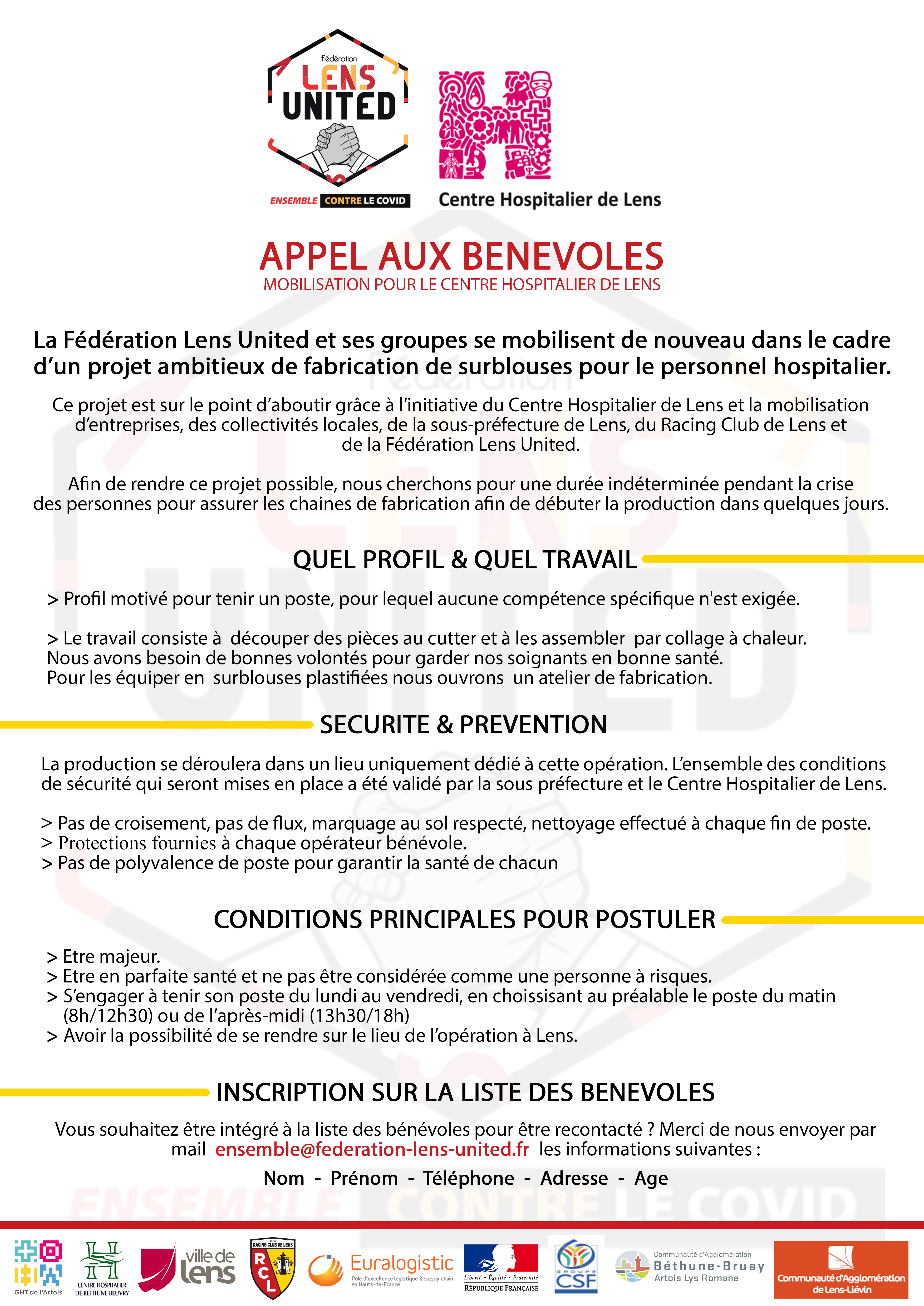 Affiche appel aux benevoles mobilisation centre hospitalier lens