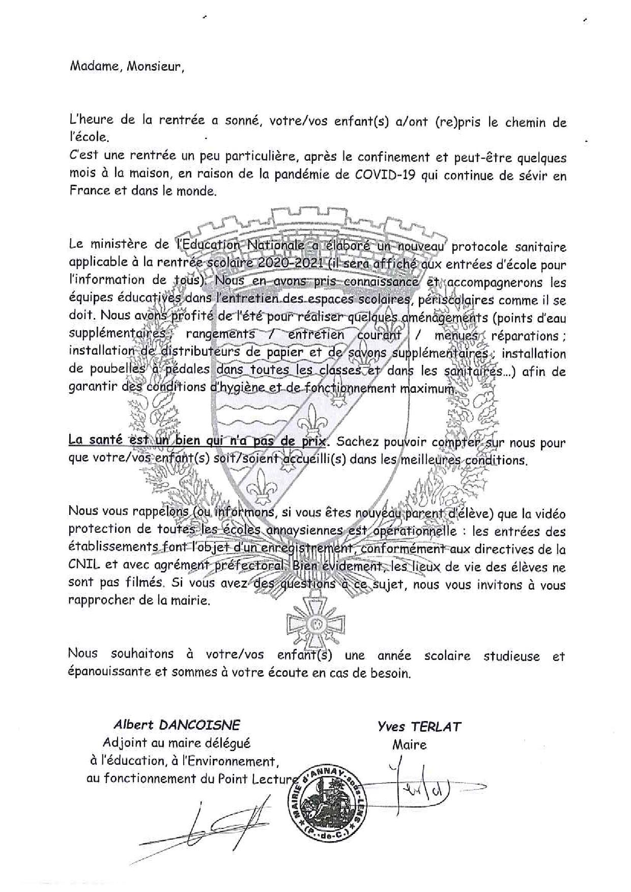 Lettre aux parents rentrée 2020 page 001